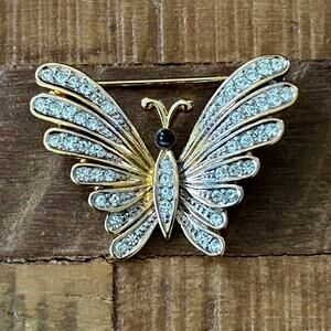 Vintage D'Orlan Butterfly Brooch 22K Gold Plated Swarovski Crystal Signed Pin